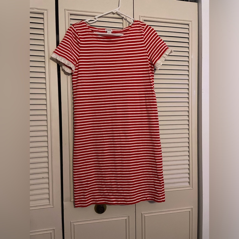 J Crew Striped Cotton T Shirt Dress Ruffle Sleeve Nautical Red/Wht  Size Small